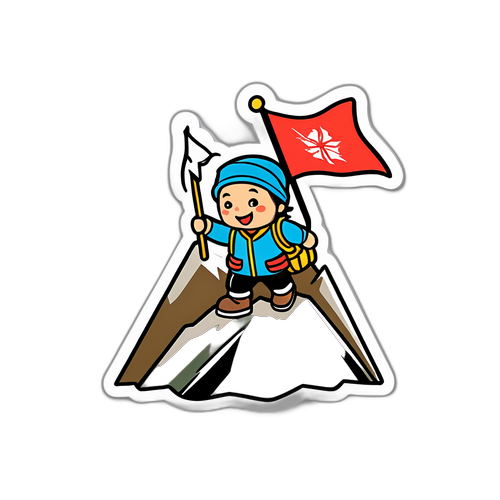 여행자 캐릭터가 깃발을 휘날리며 산 정상에 서 있는 스티커