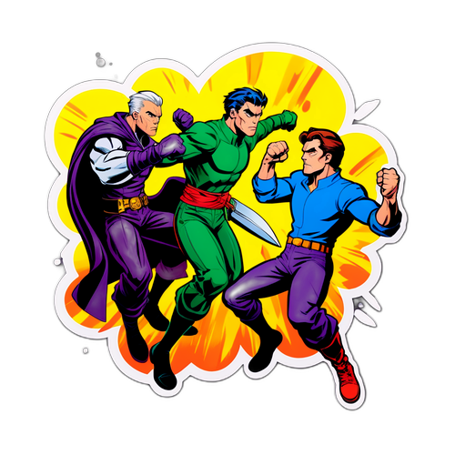 Izgalmas, képregény stílusú akciójelenet: hős és gonosz harca