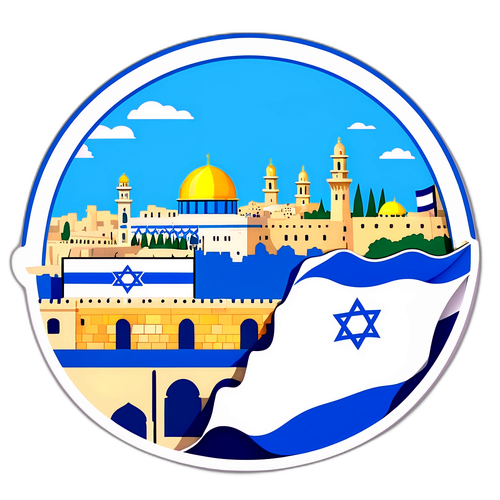 מדבקה לדגל ישראל עם סילואט של סמלים מפורסמים