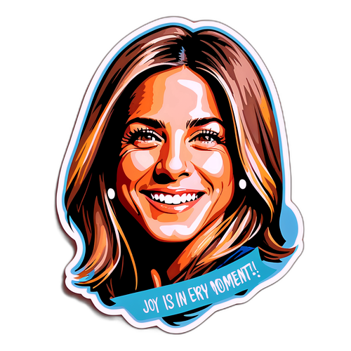 Kolorowy portret Jennifer Aniston z cytatem "Joy is in every moment!"