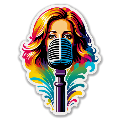 Un microphone vintage pour Lara Fabian sur un fond musical vibrant et coloré