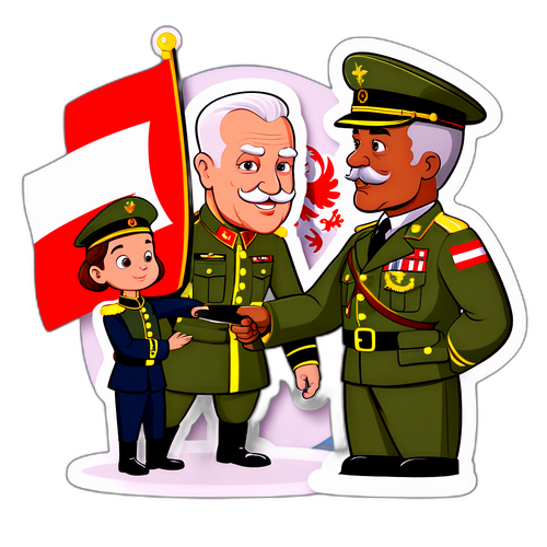 Ein Cartoonoberst der Bundeswehr erklärt einem Schüler das Militärleben vor einer österreichischen Flagge