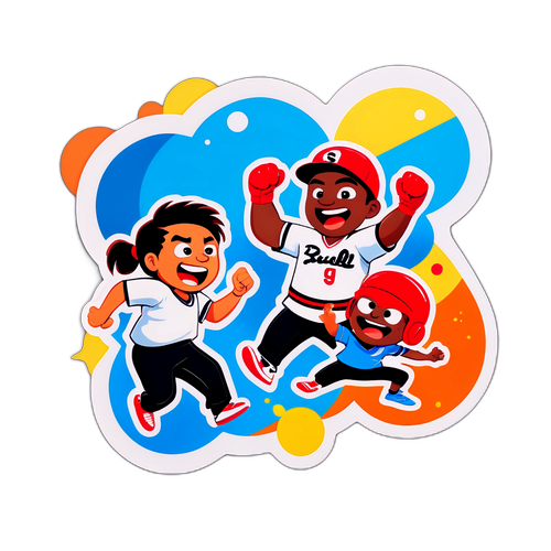 Farverig klistermærke med animerede karakterer der spiller baseball