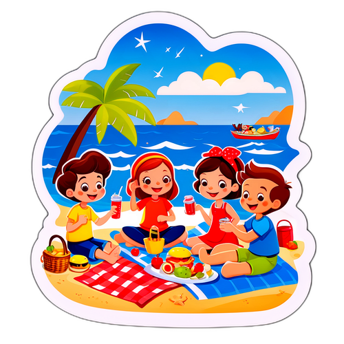 Solsidan motiv med tecknade karaktärer som njuter av en picknick på stranden
