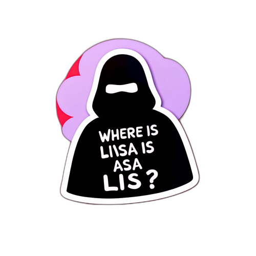 Sticker van een schimmige figuur met de tekst 'Waar is Lisa?'