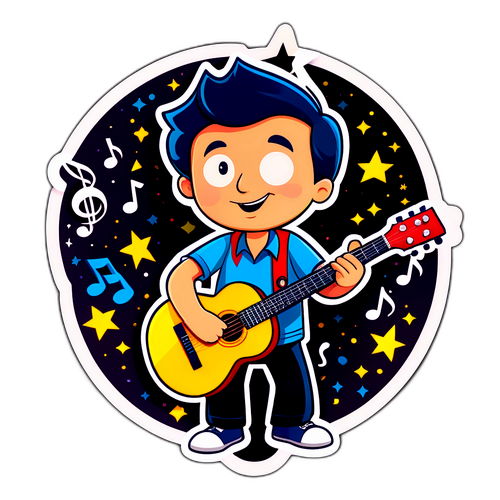 Cartoonachtige afbeelding van Willy Sommers met een gitaar