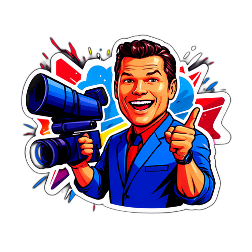 Vibrant klistermärke av Pete Hegseth i en actionfylld reportage-scen