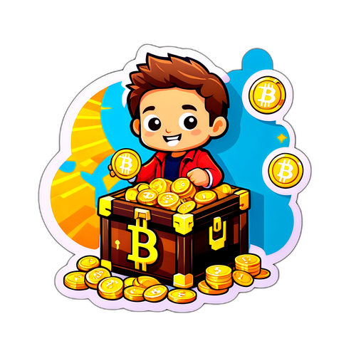 Sticker drăguț cu personaj Bitcoin și comoară