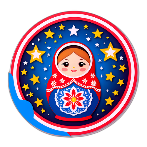 Русский флаг с элементами матрешки, окруженный звёздами