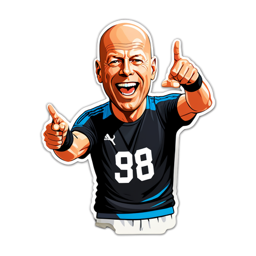 Vibrante sticker van Bruce Willis met sportieve twist