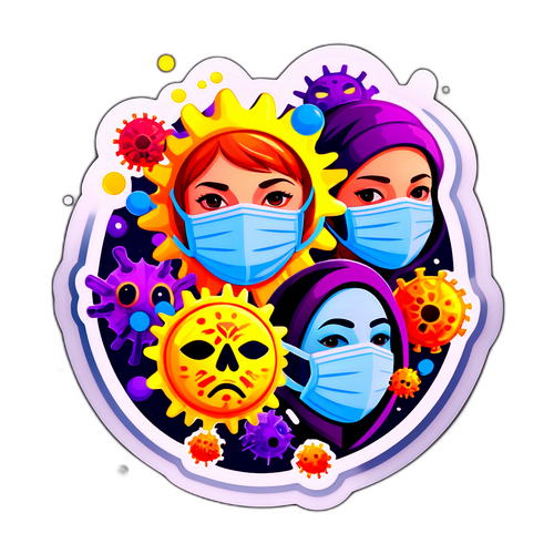 Autocollant vibrant illustrant des virus et des masques