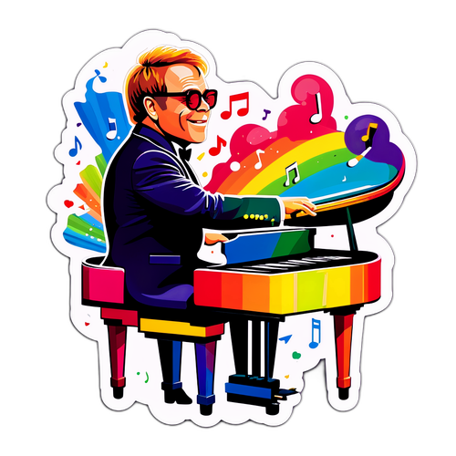 Elton John przy kolorowej pianinie