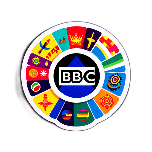 BBC-logo nykyaikaisessa tyylissä kulttuurisymbolien ympäröimänä