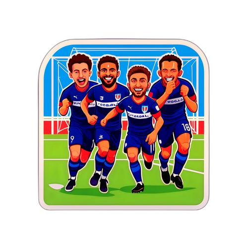 फुटबॉल पिच पर जश्न मनाते खिलाडी