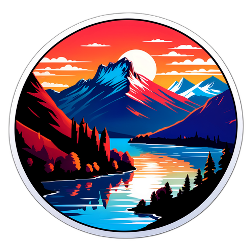 Sticker van het pittoreske meer van Annecy met prachtige bergen en een zonsondergang