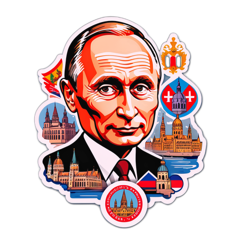 Sticker stilizat cu Vladimir Putin și simboluri iconice din Budapesta