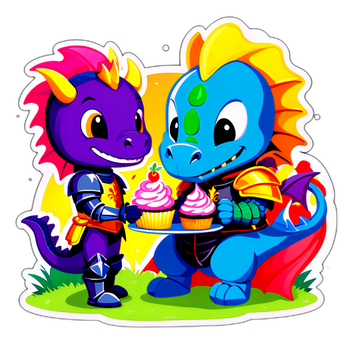 Joyful Knight and Dragon Sharing a Cupcake