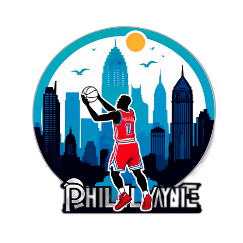 Manlalaro na Tumira ng Three-Pointer sa Likuran ng Skyline ng Philadelphia