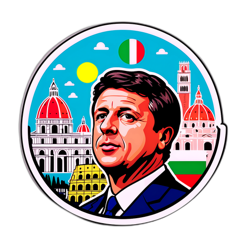 Rappresentazione artistica di Renzi tra monumenti iconici italiani