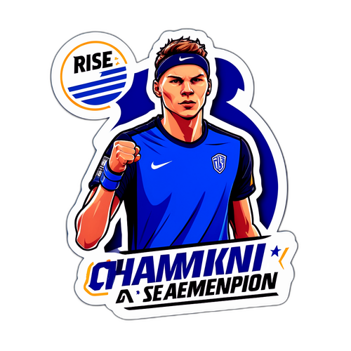 Sticker van Jannik Sinner in een krachtige pose met de tekst 'Rise of a Champion'