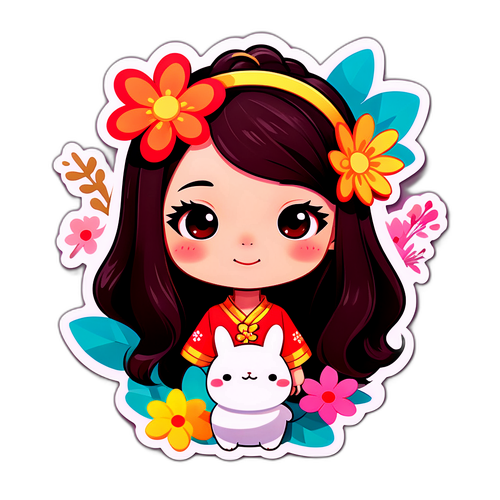 可愛卡通角色的花卉背景貼紙