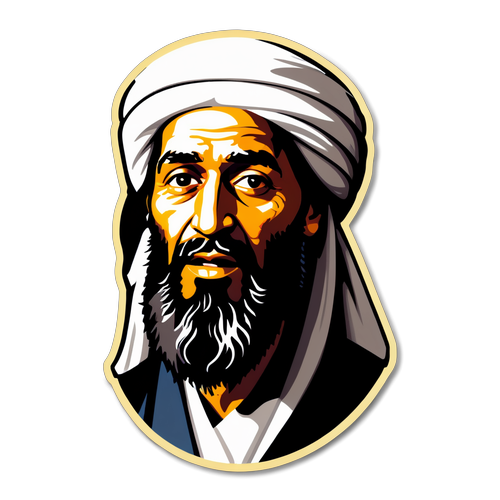 Ontwerp een sticker met een afbeelding van Oussama Ben Laden in een schaduwachtige stijl, met een waarschuwingsteken.