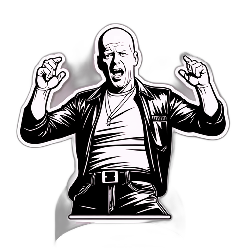 En klassisk sort-hvid sticker af Bruce Willis fra Die Hard