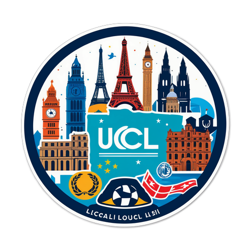 Autocolant elegant cu logo-ul UCL și reperele celebre din orașele europene