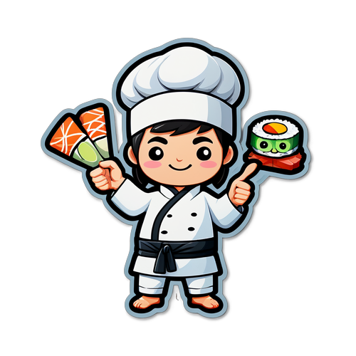 Sushi Roll and Chef with Thumbs Up