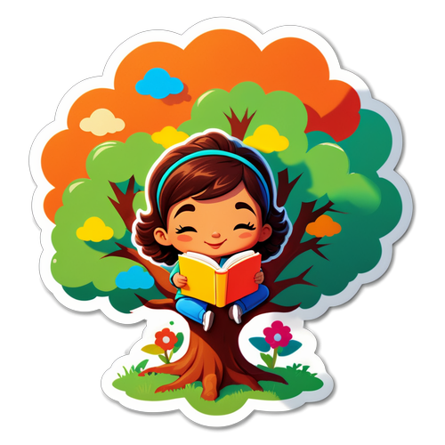 Un adesivo giocoso e cartoon con una ragazza che legge un libro sotto un albero