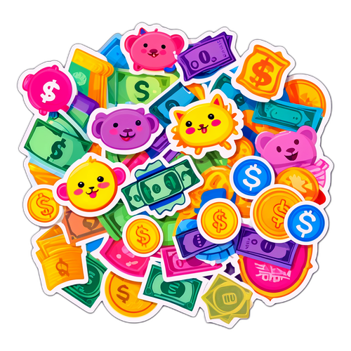 子供NISAをテーマにしたカラフルで楽しいお金のデザインのステッカー