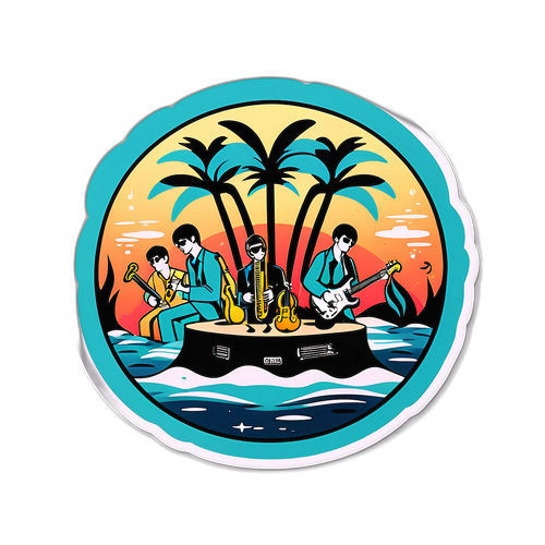Illustration rétro d'Oasis avec instruments de musique et notes flottantes