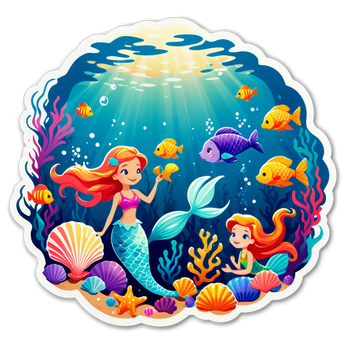 Dreamy Underwater Scene with Mermaids, Seashells, and Colorful Fish