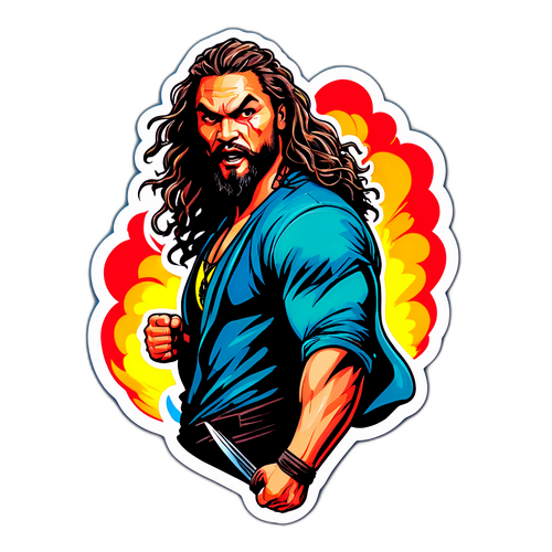 Actionfylt klistremerke av heltemodig karakter