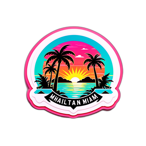 Una calcomanía que muestra el escudo del Inter Miami rodeado de palmeras y un atardecer