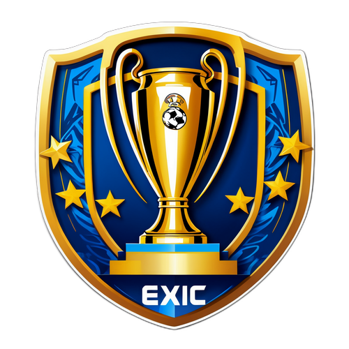 Sticker artistic cu teren de fotbal și trofeul Ligii Campionilor