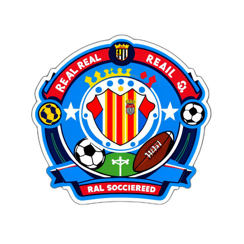 Логотип Реал Sociedad с эмблемами турниров и надписью "Vamos Real" в стиле уличного искусства