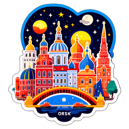 Наклейка для Орска с символами города: местные достопримечательности и знаковые здания на фоне ночного неба