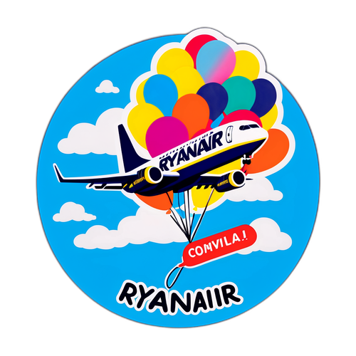 Sticker van een Ryanair-vliegtuig met kleurrijke ballonnen