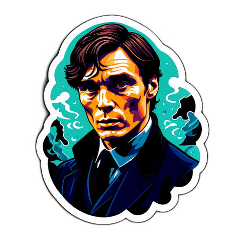 Autocollant mettant en avant Cillian Murphy dans un rôle iconique, entouré d'éléments de mystère et d'obscurité