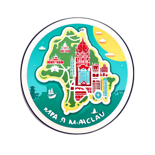Sticker cu o hartă stilizată a Macaului, evidențiind principalele atracții turistice