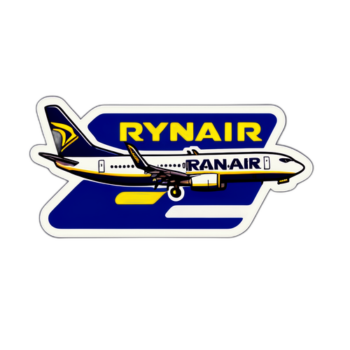 Stylizovaná nálepka loga Ryanair s pohledem z kokpitu a rušným letištním prostředím