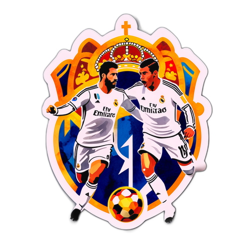 Umělecká samolepka zachycující ducha historických zápasů Realu Madrid s akvarelovým efektem