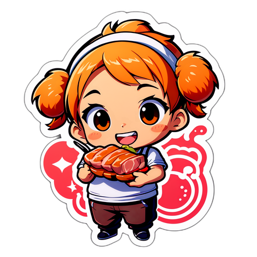 朝一の焼き豚を持つアニメスタイルキャラクター