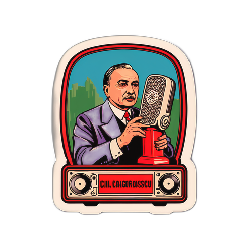 Sticker cu un recorder vintage și textul "Cine este Călin Georgescu?"