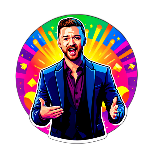 Farverig cartoon sticker af Justin Timberlake på scenen