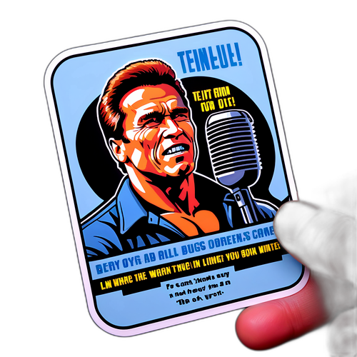 Autocollant d'Arnold Schwarzenegger en pleine action avec une citation emblématique