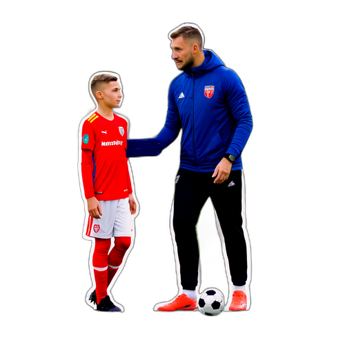 Sticker cu Radu Stroe și un jucător tânăr pe terenul de fotbal, evidențiind mentoratul