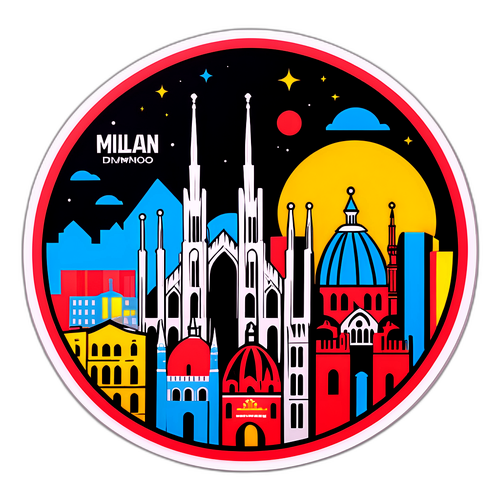 Milan látképe a híres Duomóval, divatos elemekkel díszítve