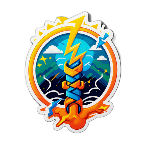 Sticker artistic reprezentând un cablu electric stilizat, cu fulgere și simboluri ale energiei regenerabile